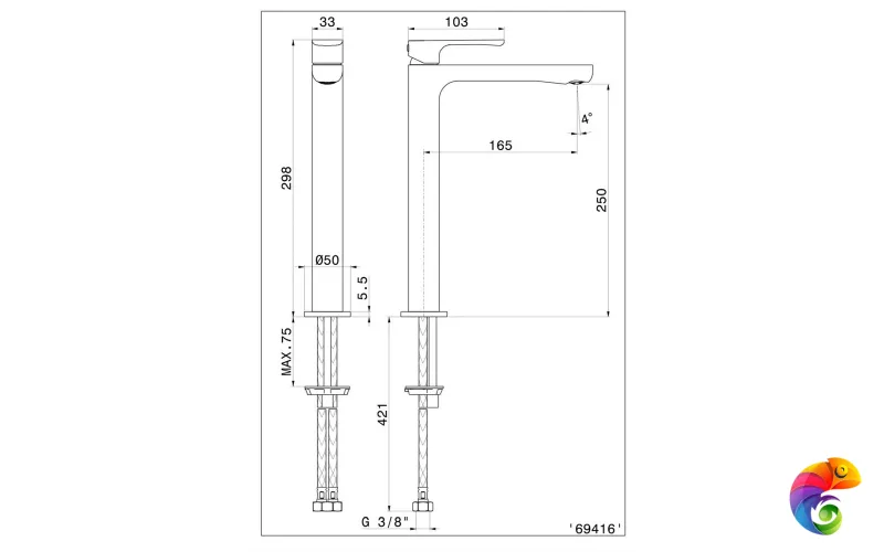 69416KM.M0.071 Смеситель для раковины OLE однорычажный высокий без донного клапана, золотой атласный