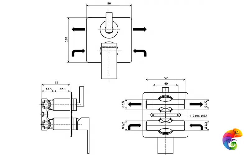 V2CR6911KM Встраиваемый смеситель FIORETTO для душа с дивертором на два потока, хром
