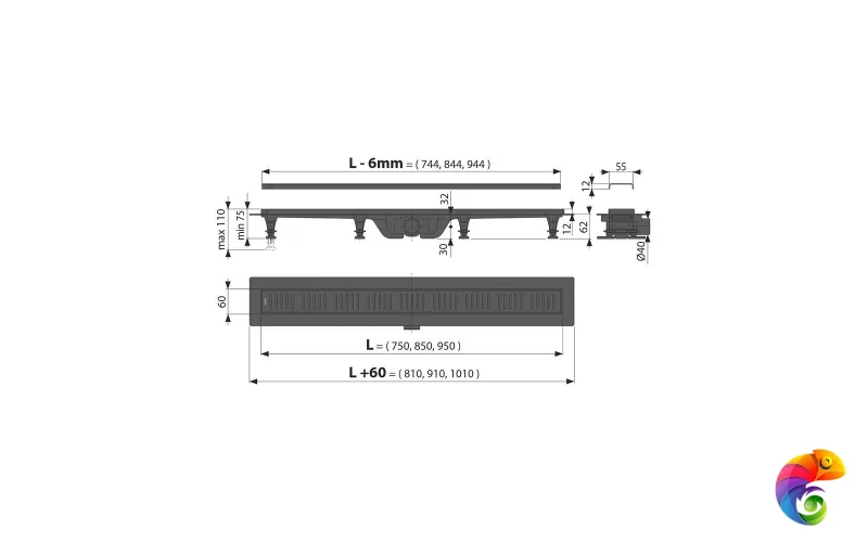 APZ10BLACK-750KM Душевой лоток smart из нержавеющей стали, черный