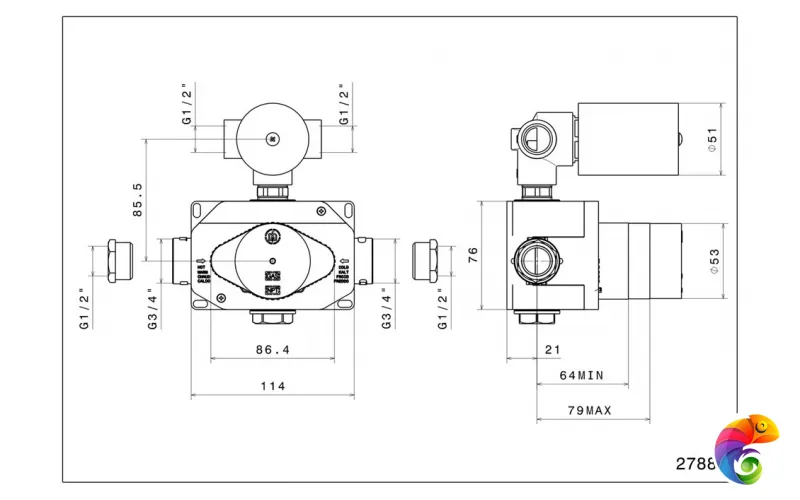 27886KM.00.000 Универсальная внутренняя часть для термостатического смесителя на два потока для душа