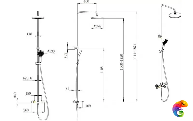 FO.301.KM.BLK.M Душевая колонна FONTE на 3 потока с фикс.изливом с термостатическим смесителем, черный матовый