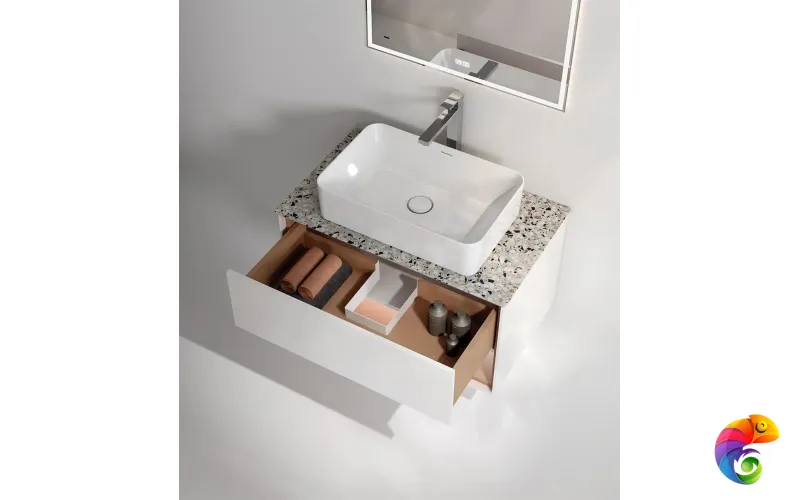 KMPMCb80MSh1 Тумба PLAZA Modern подвесная 80, push, 1 ящик, подсветка, белая матовая+сахара