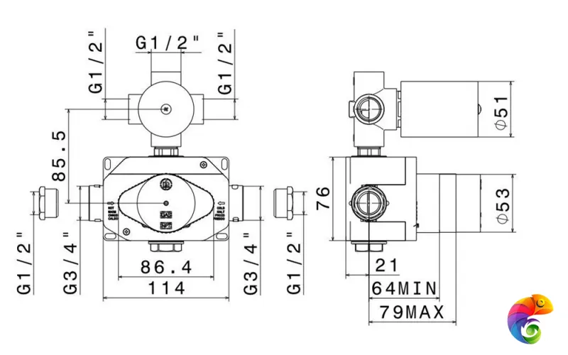27887KM.00.000 Универсальная внутренняя часть для термостатического смесителя на три потока для душа