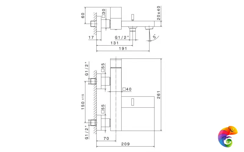66440KM.01.093 Смеситель для ванны FUTURA настенный  дивертором ванна/душ, без лейки, матовый черный