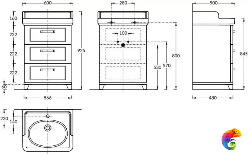 PO.M.60.3/WHT Тумба POMPEI напольная с 3 ящиками 60, белая глянцевая