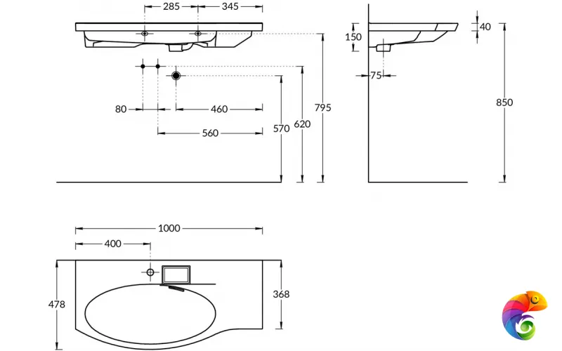 RV.wb.100Lh Раковина RIVA мебельная левая с крепежом 100, белая глянцевая