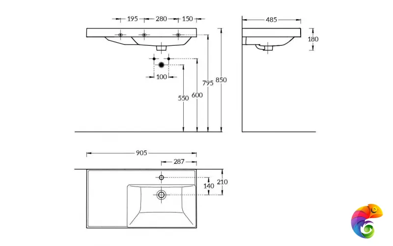 CU.wb.90rh Раковина CUBO 90 см правая с крепежом