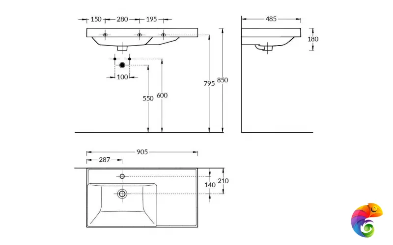 CU.wb.90lh Раковина CUBO 90 см, левая с крепежом