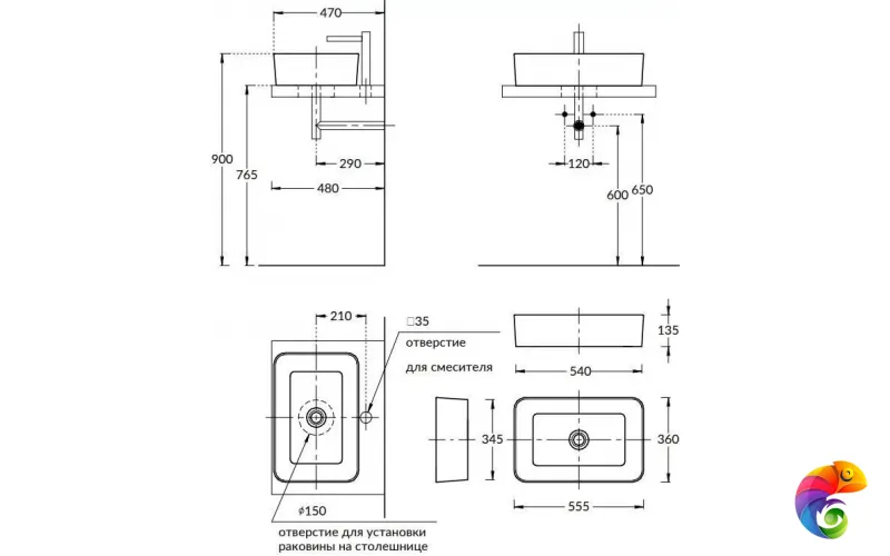 PLR.wb.55q Раковина PLAZA накладная 55, прямоугольная, белая глянцевая