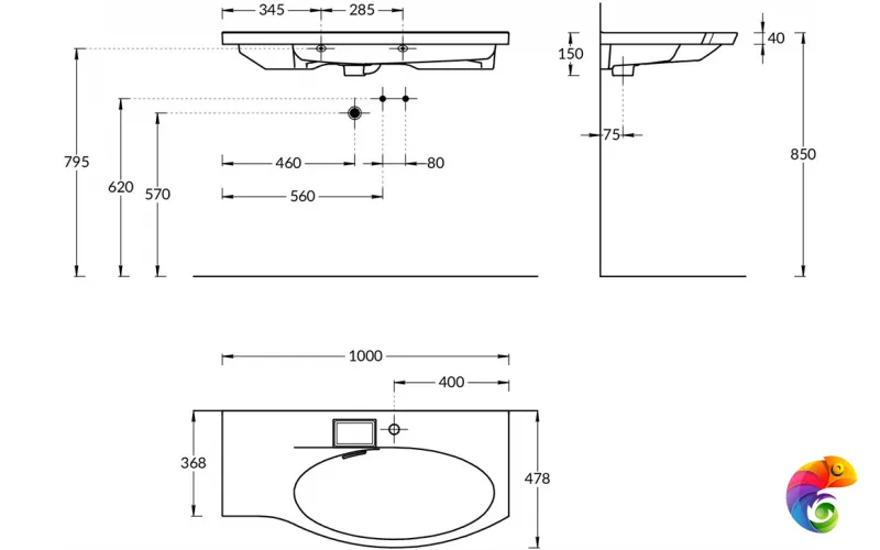 RV.wb.100Rh Раковина RIVA мебельная правая с крепежом 100, белая глянцевая