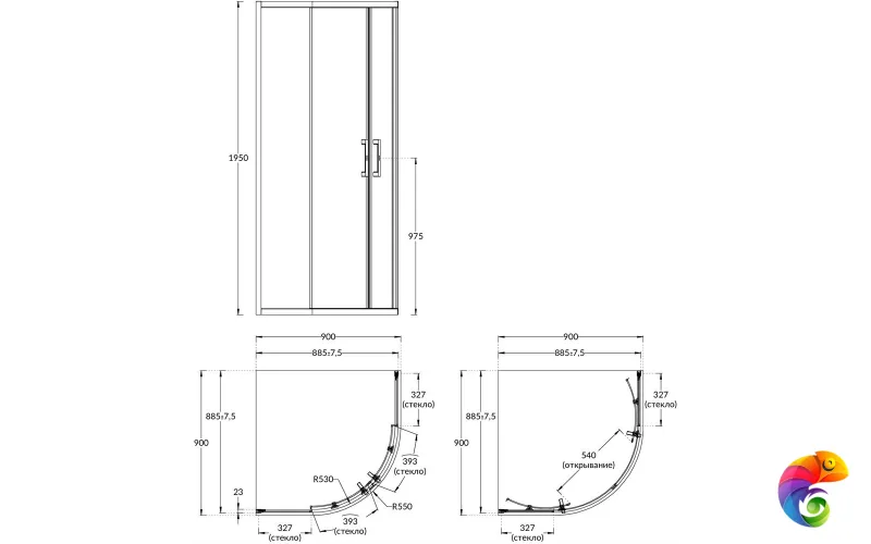 VE.90.RSD.BLK.M Душевой уголок VETRO, раздвижной, четверть круга, 90х90х195, матовый черный