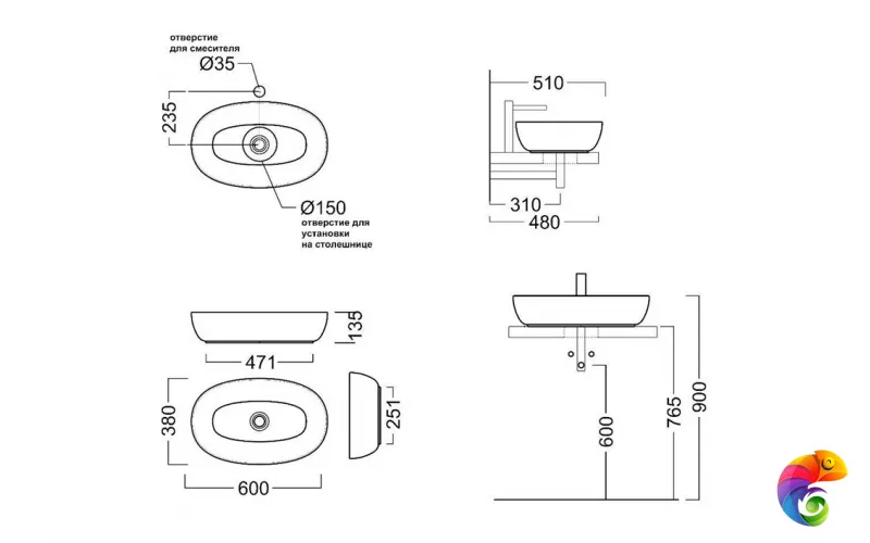 PLR.wb.60 Раковина PLAZA 60х38 cм накладная, без отверстия под смеситель